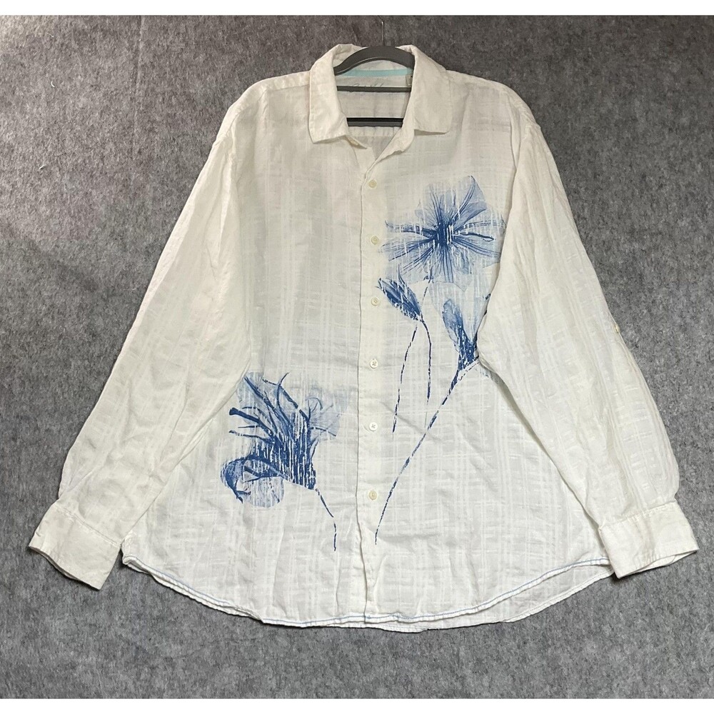 Caribbean Shirt Mens XL White Blue Floral Linen Blend Long Sleeve Button Front